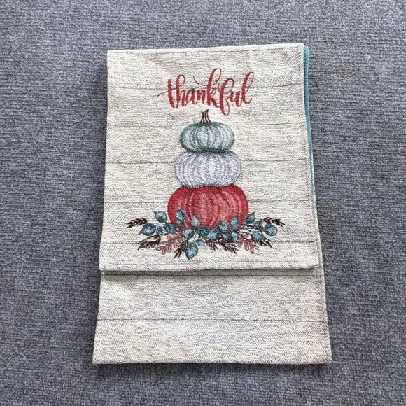 Thankful Fall Harvest Table‎ Runner Woven Tapestry Pumpkins Floral 69” Holidays - Picture 9 of 11